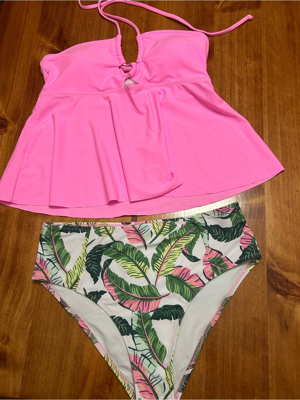 Beachsissi Pink Tankini Top with Tropical Leaf Bikini Bottoms